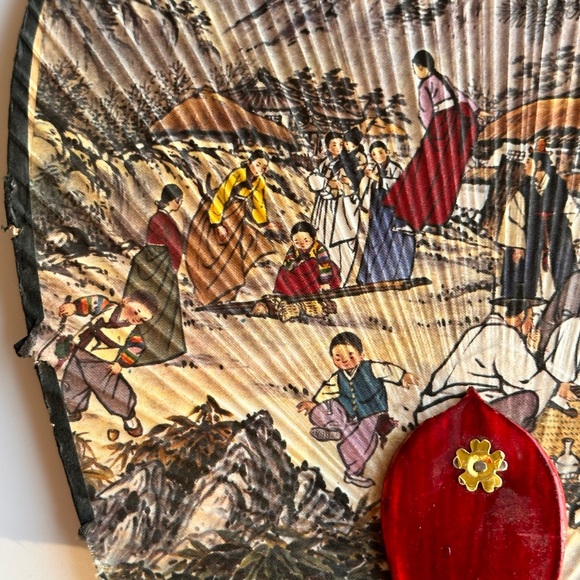 Vintage Asian Japanese Wooden Non-folding Fan Beautiful Paintings on Both Sides - Picture 7 of 9